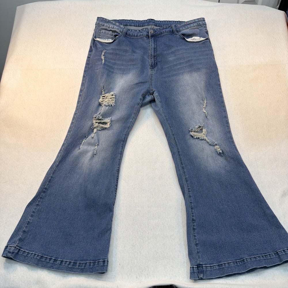 Womens Plus Size 5XL Medium Wash Distressed Extra Wide FlareLeg Jeans Y2K Hippi